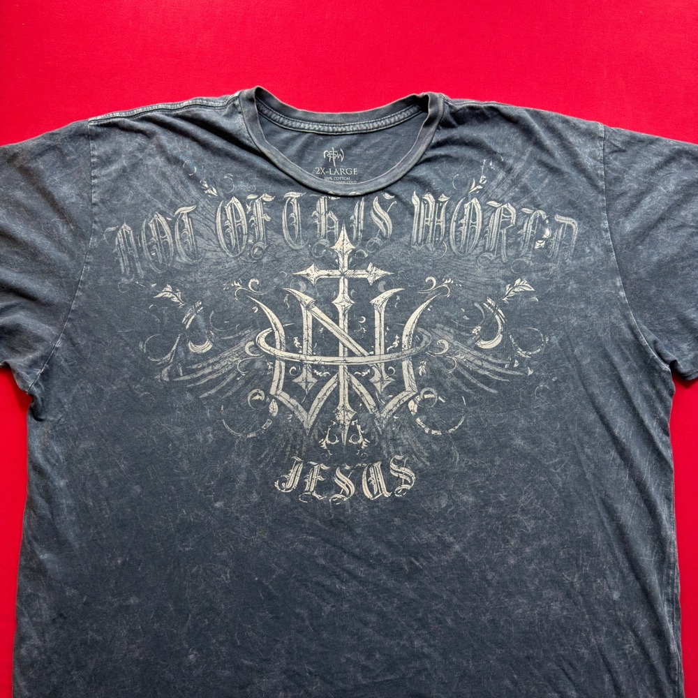 VINTAGE Y2K GRUDGE NOTW Not Of This World Jesus Shirt Mens 2XL Gray Acid Wash‎